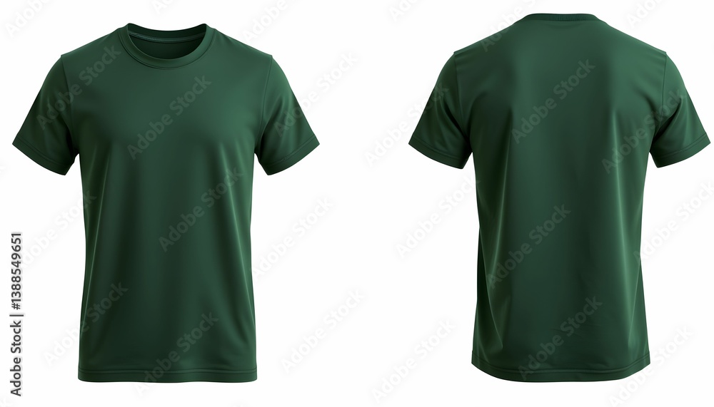 Green t-shirt, plain design, front and back view, athletic wear, casual clothing, forest green color, simple garment, cotton fabric, crew neck, short sleeves, minimalist style Green t-shirt, plain design, front and back view, athletic wear, casual clothing, forest green color, simple garment, cotton fabric, crew neck, short sleeves, minimalist style