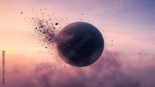 Surreal sphere dissolution amidst ethereal clouds under a pastel sky backdrop