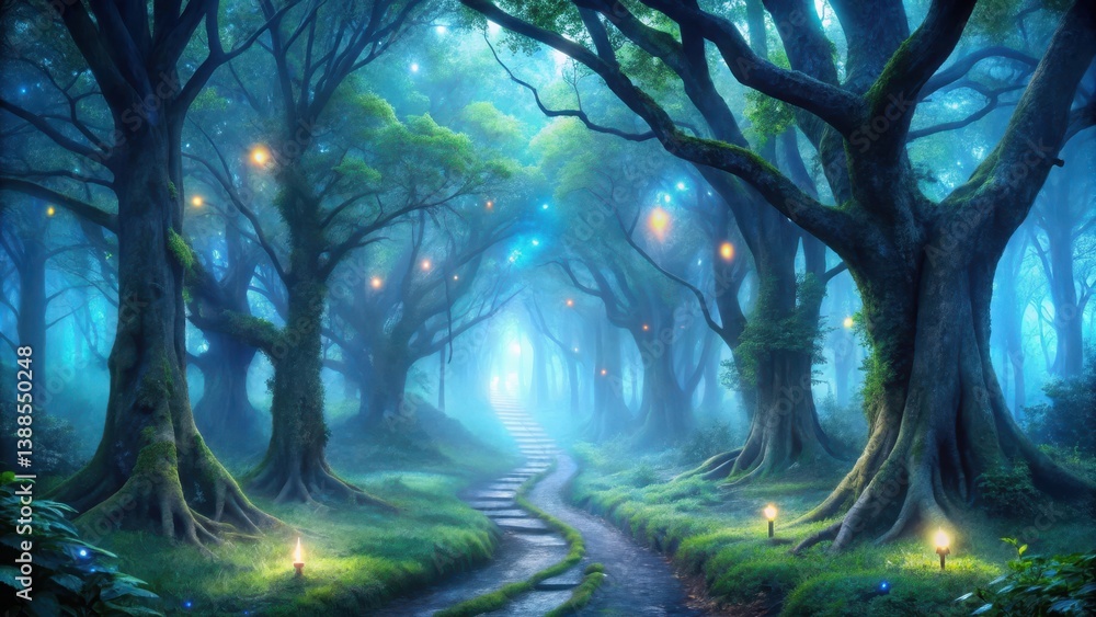 Obraz premium Enchanted Forest Path A Mystical Journey Through Glowing Trees and a Serpentine Stone Walkway