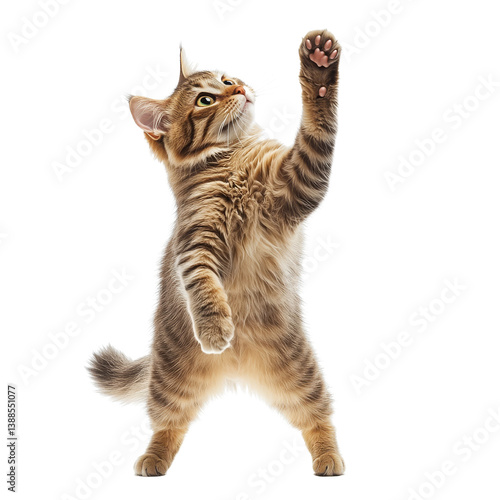 A playful cat standing on its hind legs, reaching up with one paw.