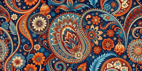 Vibrant paisley pattern featuring intricate floral designs and swirling motifs in a rich tapestry of autumnal hues, perfect for textile design and artistic inspiration.