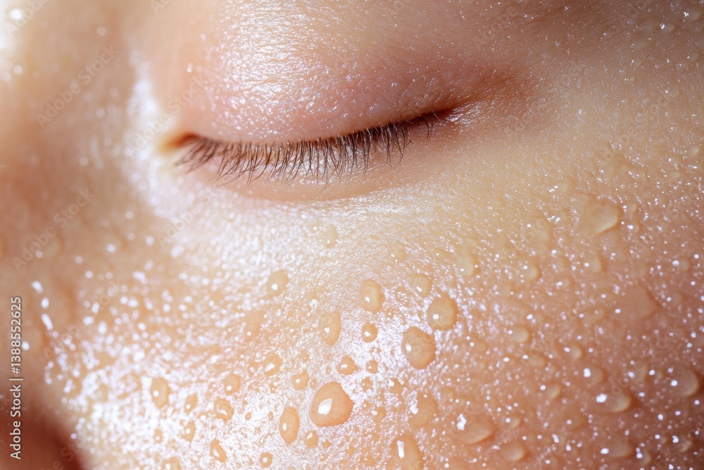 Close-up view of healthy glowing skin with moisture droplets illuminated by golden light in a skincare setting