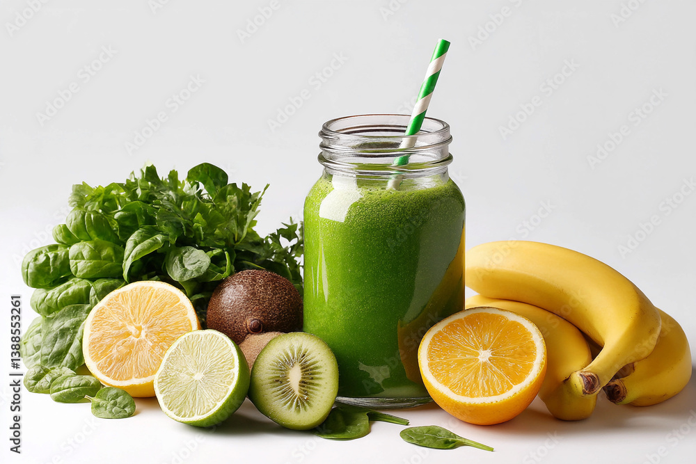Refreshing green smoothie with fresh fruits and leafy greens on a light background Refreshing green smoothie with fresh fruits and leafy greens on a light background