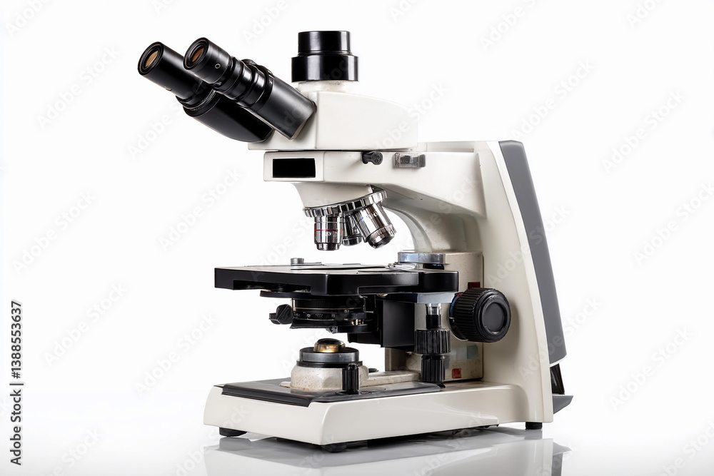 Microscope on a white background showcasing laboratory equipment used for scientific analysis Microscope on a white background showcasing laboratory equipment used for scientific analysis