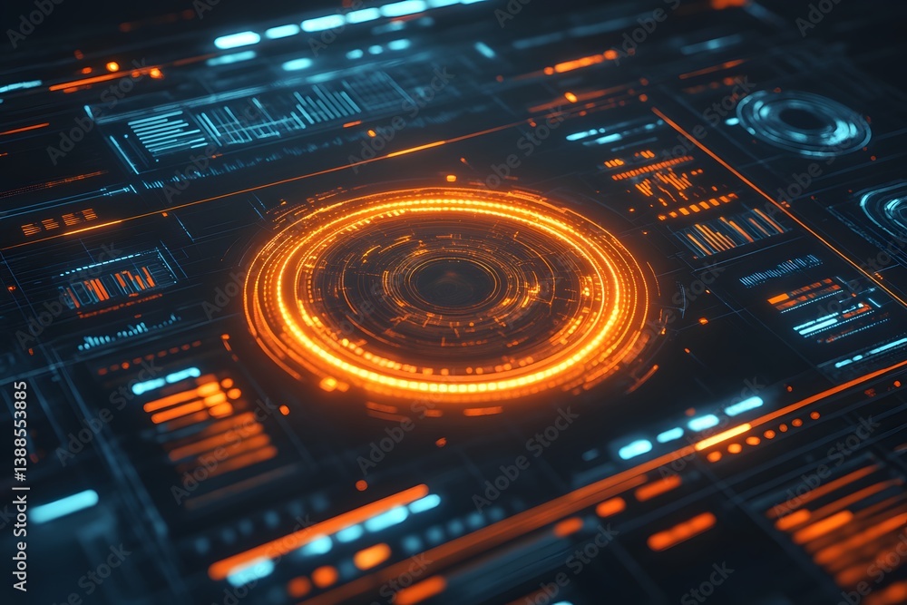 Futuristic interface with glowing orange circle and blue details abstract technology. Futuristic interface with glowing orange circle and blue details abstract technology.