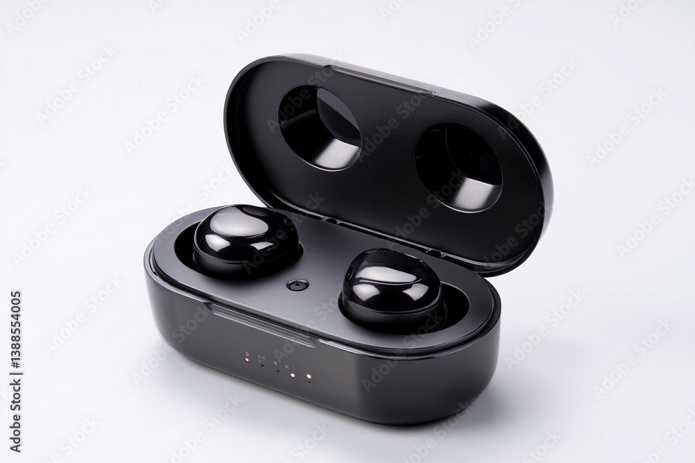 High-quality wireless earbuds in sleek charging case with open lid and visible charging indicators High-quality wireless earbuds in sleek charging case with open lid and visible charging indicators