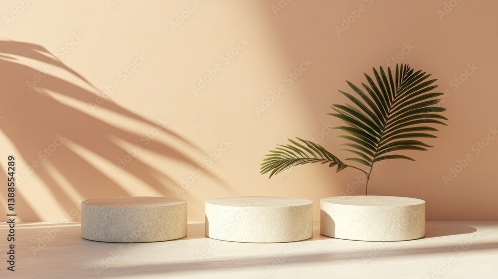 Minimalist beige podiums with palm shadow, product display Minimalist beige podiums with palm shadow, product display