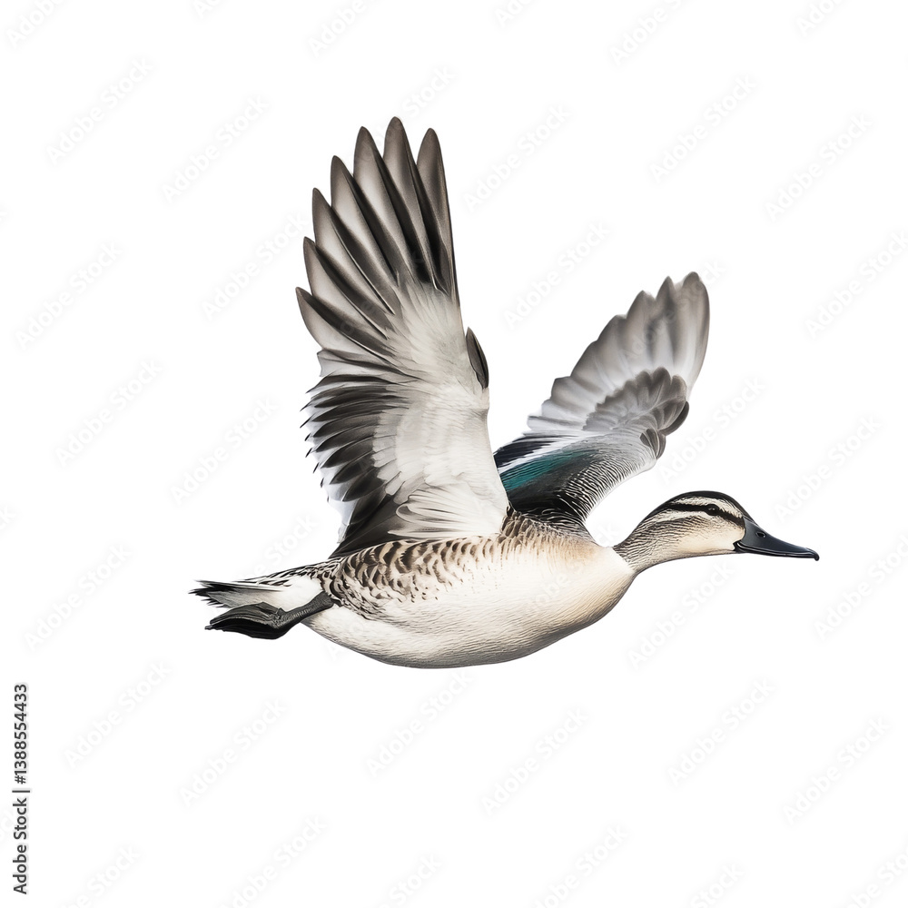 Obraz premium A duck in flight, showcasing its wings and plumage against a transparent background.