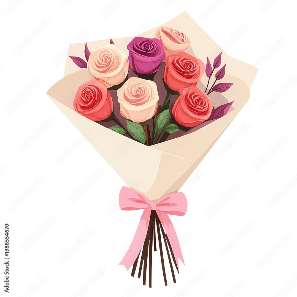 A bouquet of roses in various colors, elegantly wrapped and tied with a pink ribbon.
