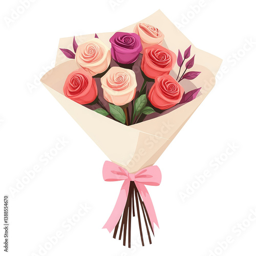 Obraz na płótnie A bouquet of roses in various colors, elegantly wrapped and tied with a pink ribbon. w salonie