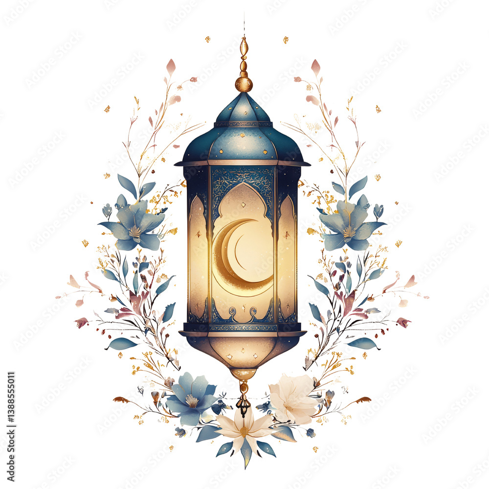 A decorative lantern surrounded by floral elements, symbolizing light and tranquility.