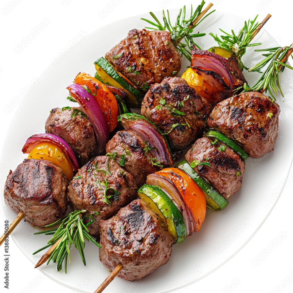 Grilled meat and vegetable skewers arranged on a plate, ready for serving.