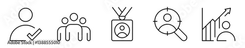 Conjunto de iconos editables de recursos humanos. Selección y análisis de personal. Evaluación de candidatos, colaboradores, credencial del empleado, búsqueda de talento, desempeño laboral