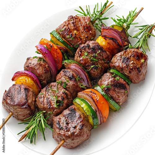 Obraz na płótnie Grilled meat and vegetable skewers arranged on a plate, ready for serving. w salonie