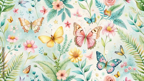 Whimsical Watercolor Butterfly and Flower Garden Design Featuring Delicate Blooms and Vibrant Insects in a Seamless Pattern Ideal for Fabric, Wallpaper, or Decorative Arts