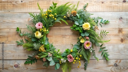 A delightful springtime floral wreath arrangement featuring pastel roses and an assortment of greenery, artfully designed on a rustic wooden background.