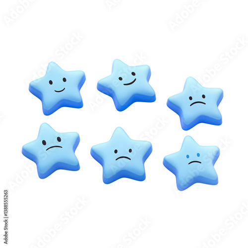 Obraz na płótnie Six blue star-shaped emojis with varying facial expressions, illustrating emotions. w salonie