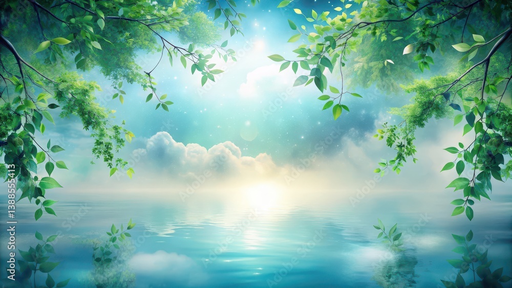 Fototapeta premium Serene Waterscape Dreamlike Vista of Tranquil Lake Under Starry Sky Framed by Lush Green Branches
