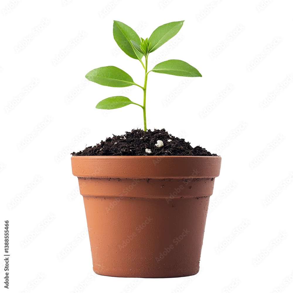A small green plant growing in a brown pot filled with soil.
