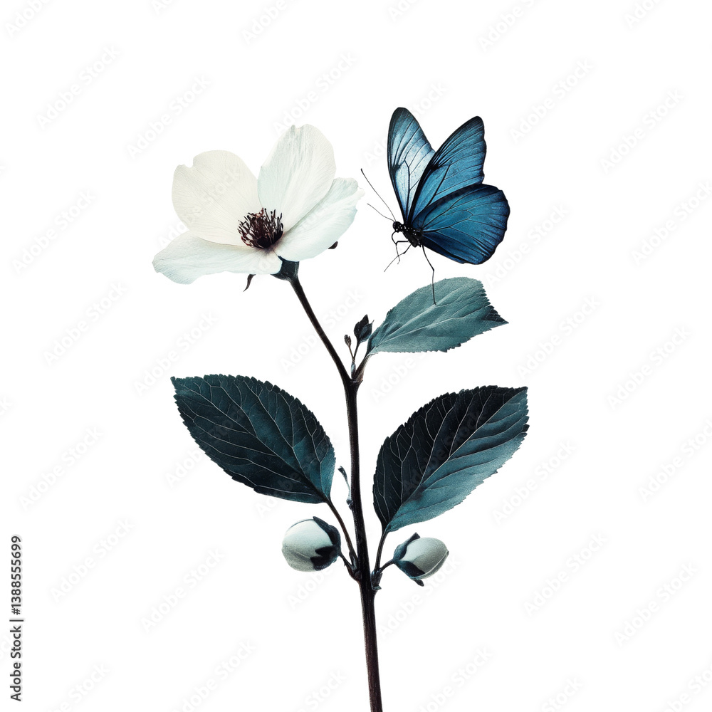 A delicate white flower with a blue butterfly perched on it, showcasing nature's beauty.