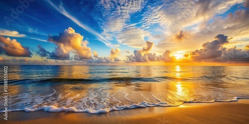 Serene Coastal Sunrise Golden Hour Waves Gently Kissing a Sandy Shore Under a Vibrant Sky