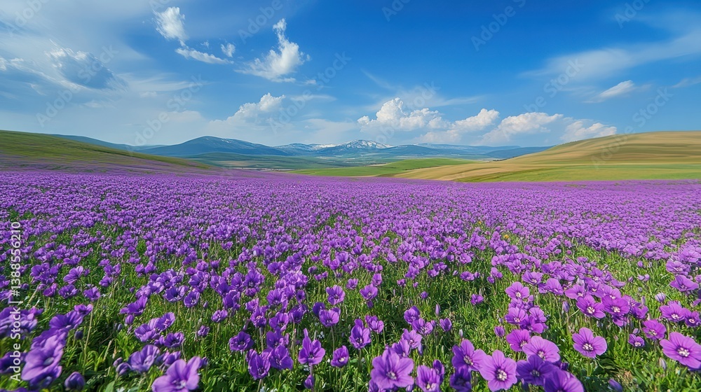 Obraz premium Purple poppy field, mountain backdrop, spring