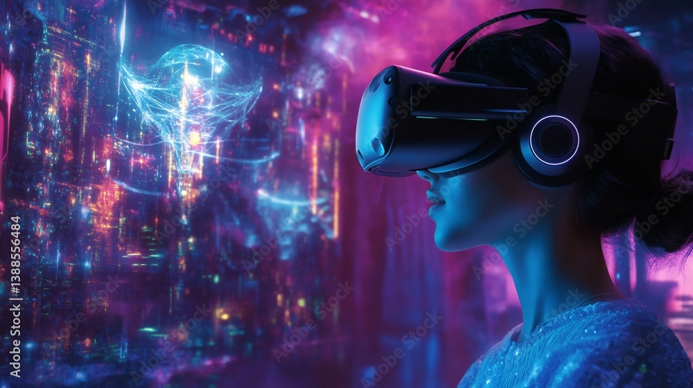 Woman in VR Headset Exploring Neon Cyberpunk Cityscape Woman in VR Headset Exploring Neon Cyberpunk Cityscape