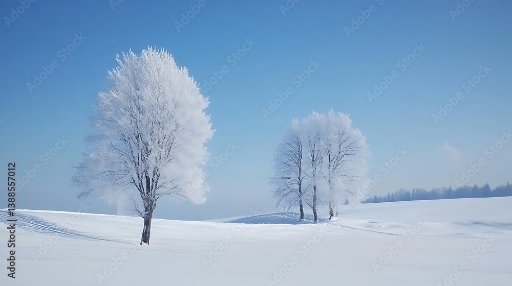 Winter wonderland, frosted trees on snowy plain Winter wonderland, frosted trees on snowy plain