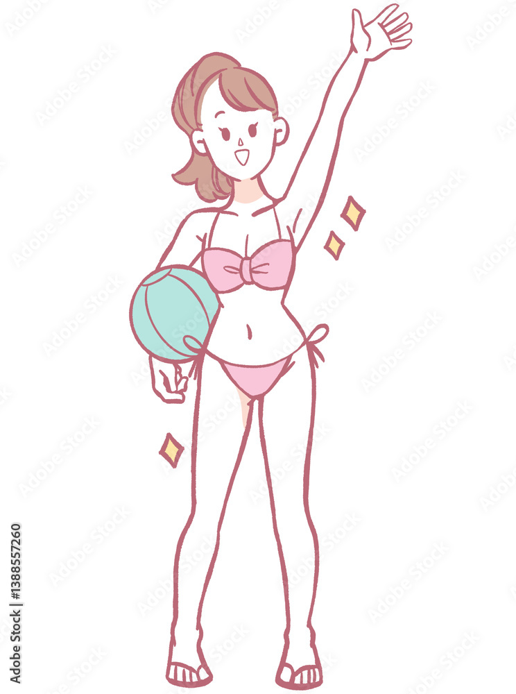 ボールを持つ水着の女性のイラスト