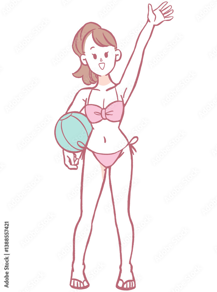 ボールを持つ水着の女性のイラスト ボールを持つ水着の女性のイラスト
