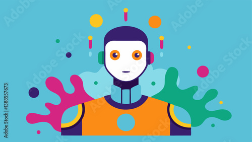 Personalized Portrait Creation A stylized robot creating a unique digital portrait of a person with colorful splashes and artistic elements surrounding the subjects silhouette.