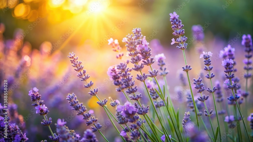 Obraz premium Serene Lavender Field Bathed in Golden Sunlight, Vibrant Purple Blossoms Illuminated by the Warm Glow of the Setting Sun