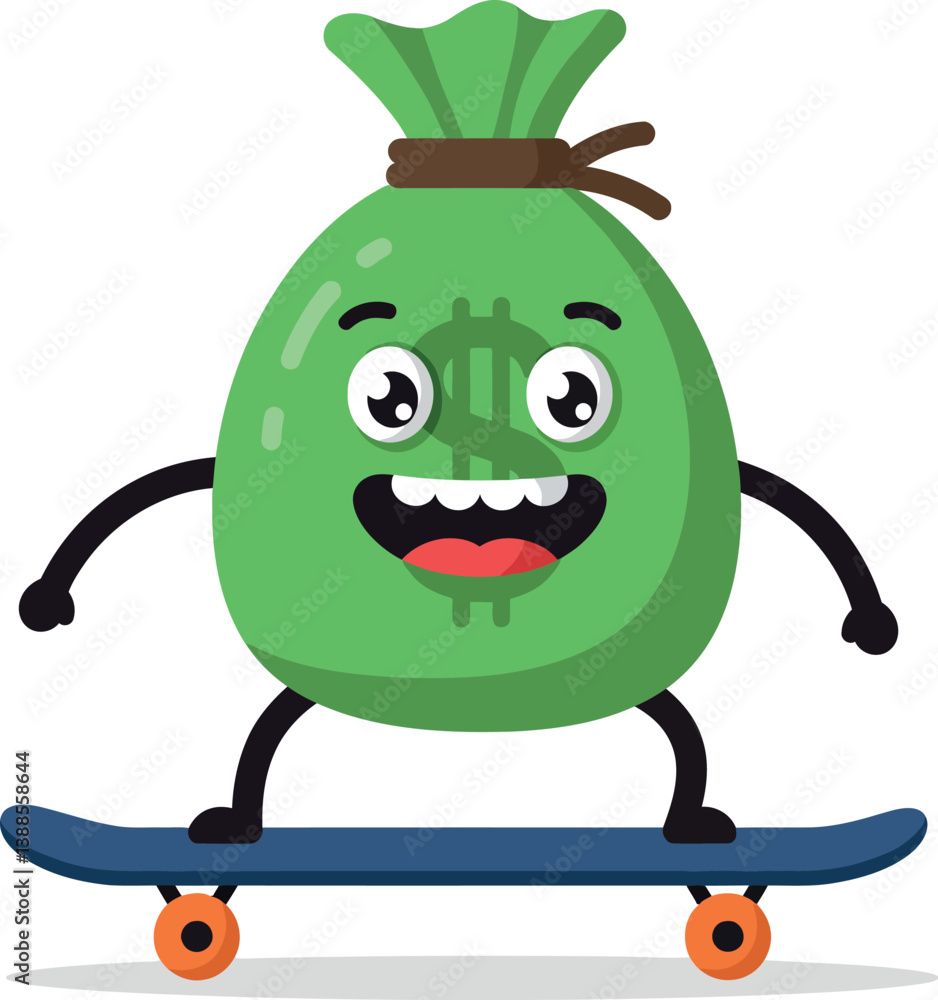 Fototapeta premium Happy green money bag skating on a blue skateboard in a playful flat vector illustration