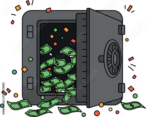 Open safe overflowing with cash and colorful confetti in flat vector art