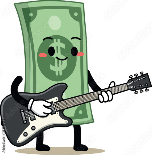 Cartoon dollar bill character playing a black guitar in a playful, minimal vector illustration