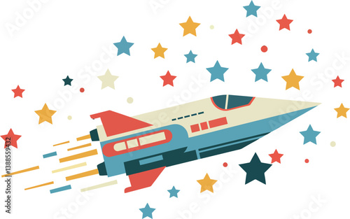 Rocket ship flying through a colorful starry sky in flat vector art