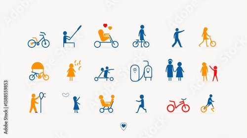A colorful collection of transportation symbols and icons including bicycles scooters and pedestrians reflecting the diversity and interconnectedness of a dynamic urban