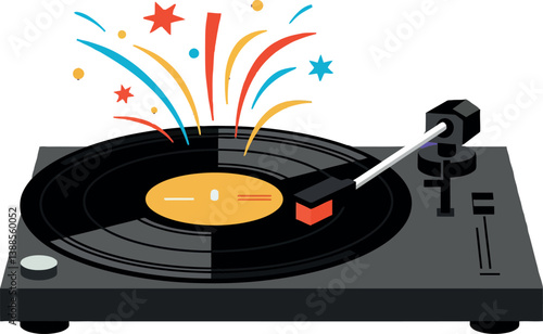 Turntable with vibrant colors and playful fireworks in a flat vector illustration