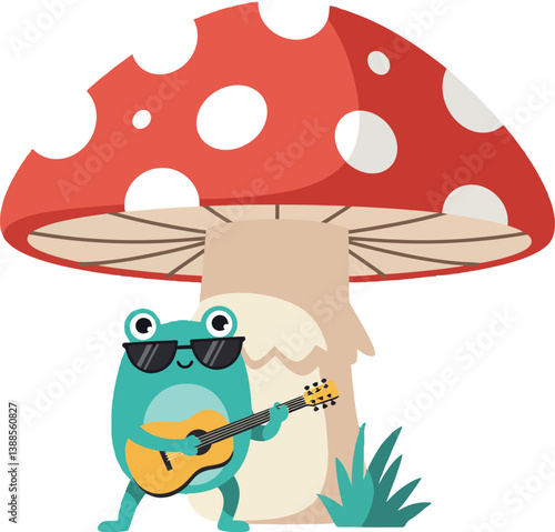 A cheerful frog playing guitar under a large red and white mushroom in flat vector art