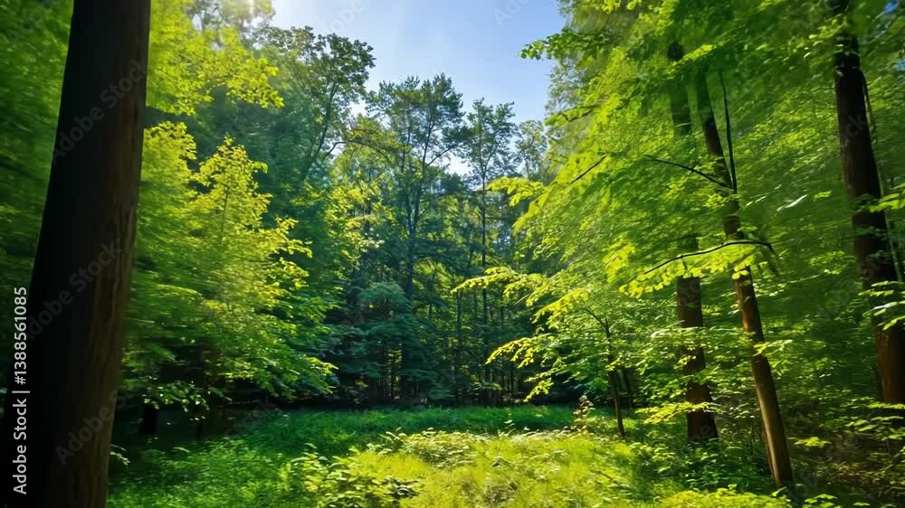 Sunlit Forest Glade, Lush Green Canopy, Summer Day Sunlit Forest Glade, Lush Green Canopy, Summer Day