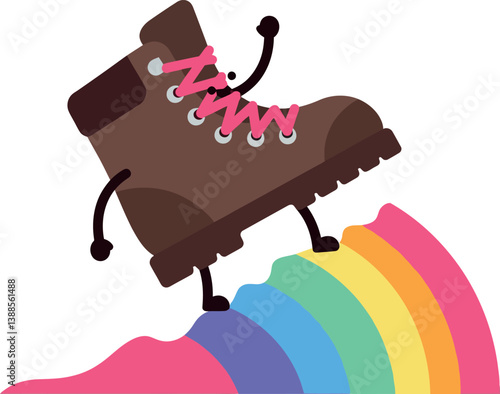 Happy hiking boot character triumphantly standing on a colorful rainbow hill in flat vector art