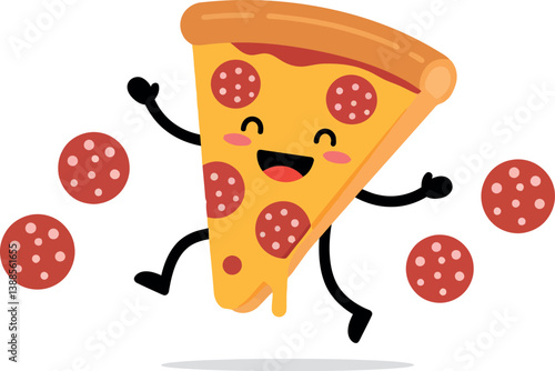 Happy pizza slice character dancing with pepperoni pieces in a flat vector illustration