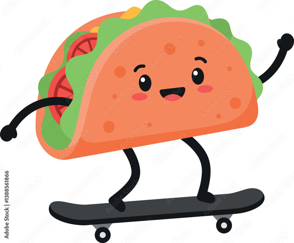 A cheerful taco character skateboarding on a black skateboard in a flat style vector illustration A cheerful taco character skateboarding on a black skateboard in a flat style vector illustration