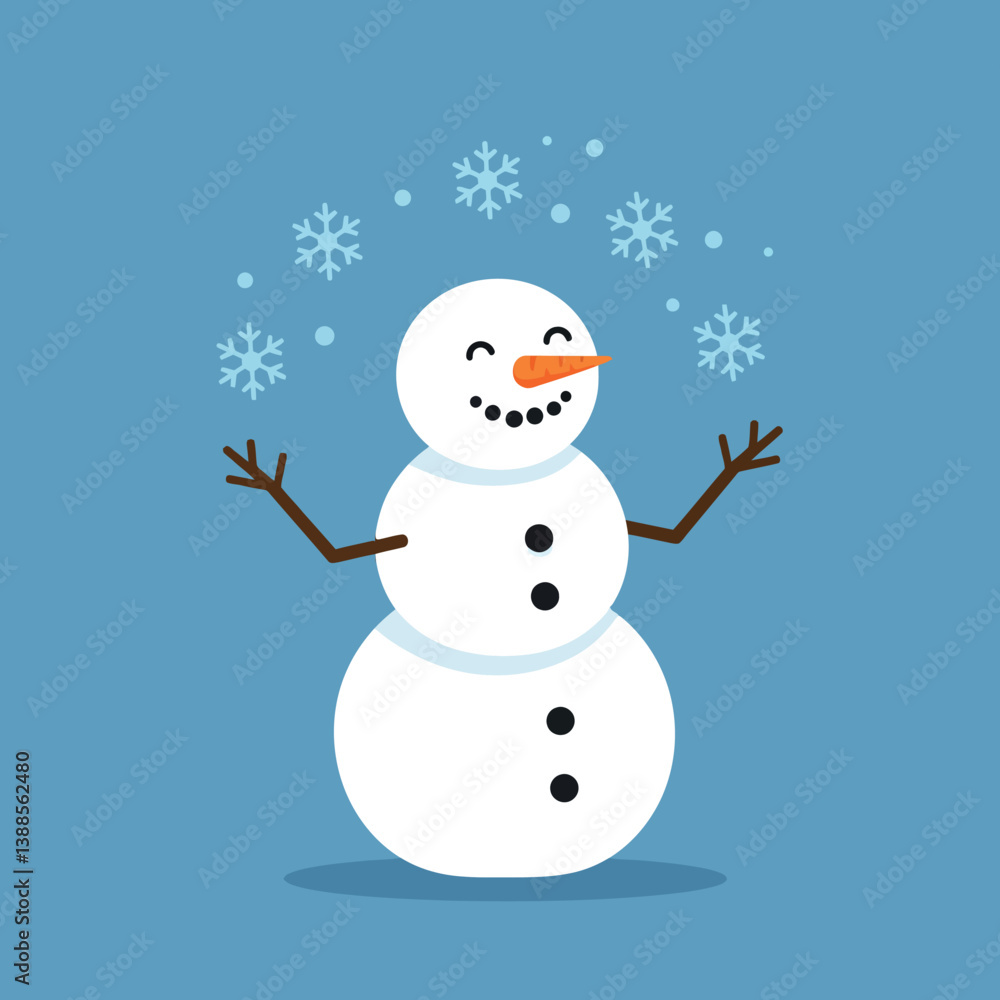Happy snowman with a big smile in a flat vector art style surrounded by falling snowflakes