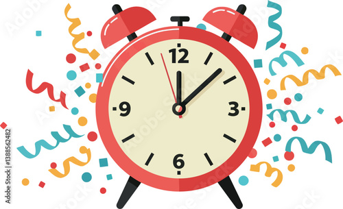 Alarm clock with festive confetti in a flat and colorful vector illustration