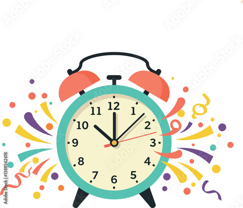 Alarm clock with colorful confetti and streamers in a flat vector illustration