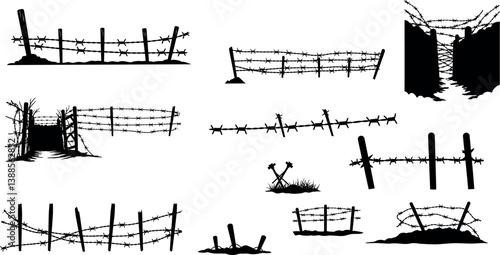 Barbed wire fences in various styles and arrangements in a minimal vector illustration