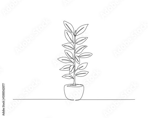 Potted house plant outline drawing illustration. one continuous line drawing of plant in the pot for house decoration.