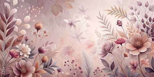 Serene Botanical Illustration Featuring Delicate Blooms and Lush Foliage in Earthy Hues