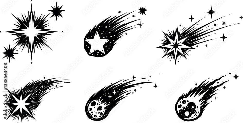 Fototapeta premium Various shooting stars with trails and bursts in a minimalistic design style vector art